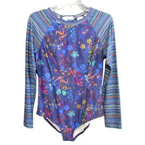 Title Nine Rash Guard One Piece Swimsuit Blue Floral Stripe XL Surf Long Slv Tie